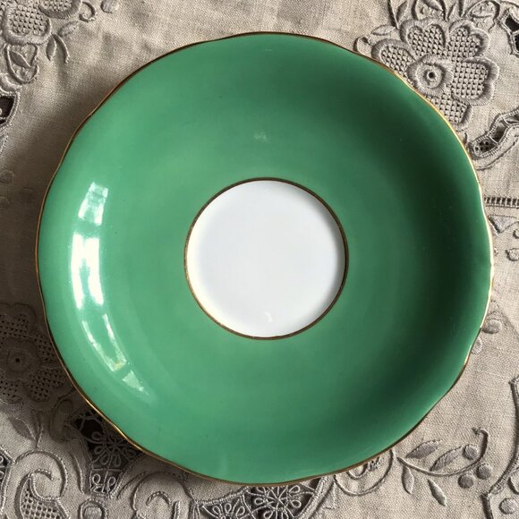 AYNSLEY Tea Cup & Saucer, Green, Cabbage Rose, Bone China, England Pattern B5304 - Picture 14 of 15